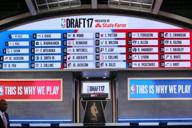 A general view of a video board displaying all thirty first round selections in the 2017 NBA Draft at Barclays Center