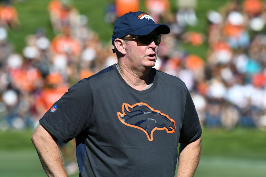 Denver Broncos quarterbacks coach Bill Musgrave looks on during training camp at the UCHealth Training Center. Mandatory Credit: Ron Chenoy-USA TODAY Sports