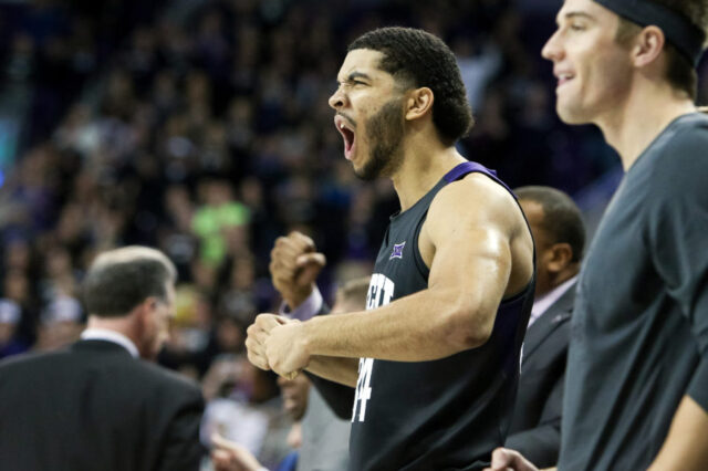 TCU Horned Frogs guard Kenrich Williams (34) reacts from the bench late during the second half against the Baylor Bears at Ed and Rae Schollmaier Arena.