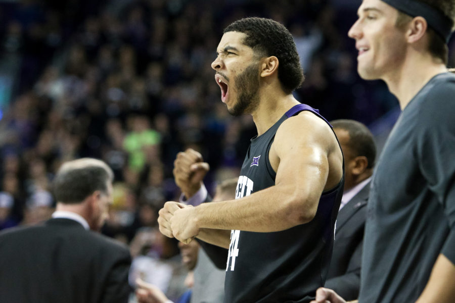 TCU Horned Frogs guard Kenrich Williams (34) reacts from the bench late during the second half against the Baylor Bears at Ed and Rae Schollmaier Arena.