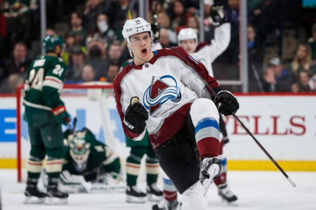 Colorado Avalanche defenseman Nikita Zadorov (16) celebrates his goal in the second period against Minnesota Wild goalie Devan Dubnyk (40) at Xcel Energy Center.