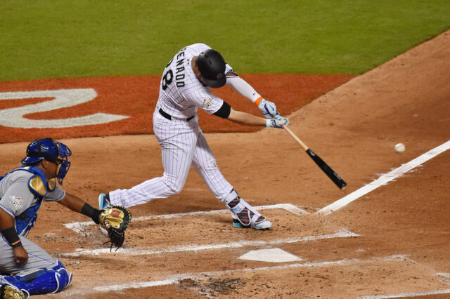 Nolan Arenado (28) of the Colorado Rockies hits a single in the second inning during the 2017 MLB All-Star Game at Marlins Park.