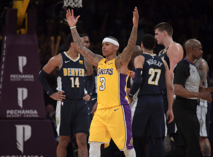 Los Angeles Lakers guard Isaiah Thomas (3) celebrates in the fourth quarter against the Denver Nuggets during an NBA basketball game at Staples Center. The Lakers defeated the Nuggets 112-103.