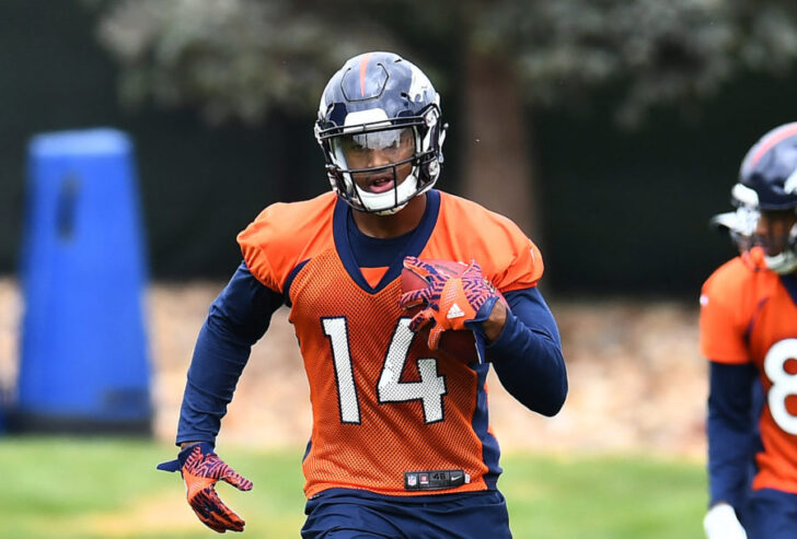 Denver Broncos wide receiver Courtland Sutton (14) participates in drills during rookie minicamp at the UCHealth Training Center.