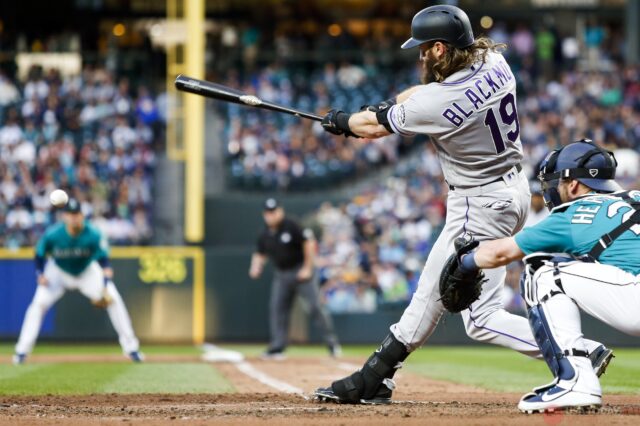 Charlie Blackmon's first inning home run. Credit: Joe Nicholson, USA TODAY Sports.