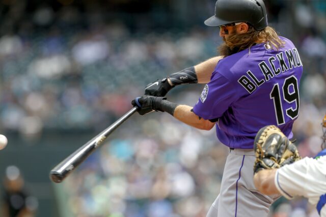 Charlie Blackmon hitting his solo home run Sunday. Credit: Jennifer Buchanan, USA TODAY Sports.