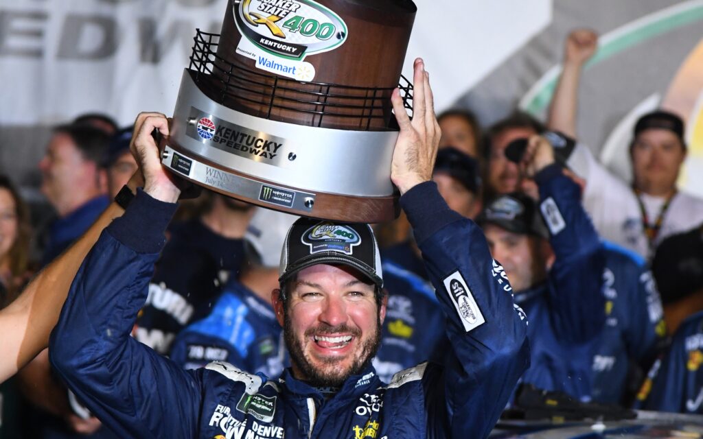 Martin Truex celebrating his win on Sunday. Credit: Christopher Hanewinkel, USA TODAY Sports.