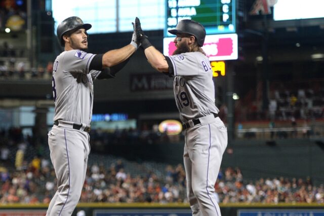 Nolan Arenado and Charlie Blackmon celebrate one of Arenado's homers. Credit: Joe Camporeale, USA TODAY Sports.