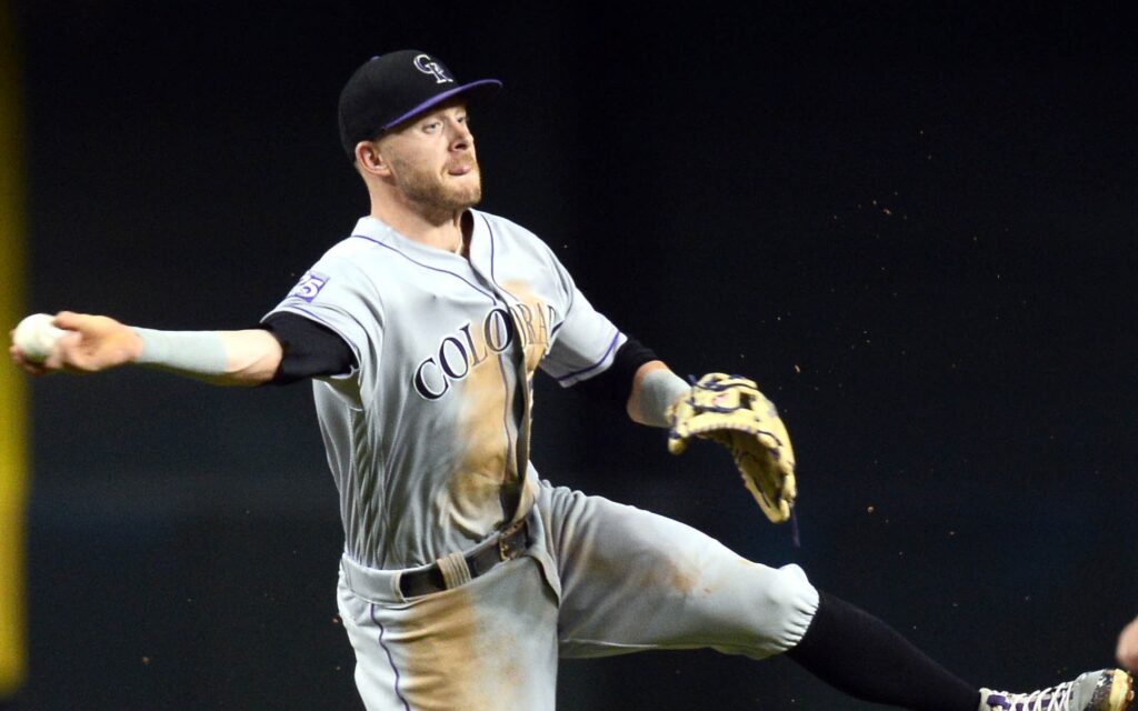 Trevor Story makes wild, amazing throws all the time. Credit: Joe Camporeale, USA TODAY Sports.