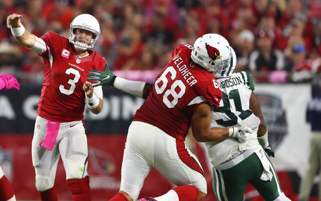 Jared Veldheer blocks from the left tackle spot. He'll be on the right side for Denver this year. Credit: Mark J. Rebilas, USA TODAY Sports.