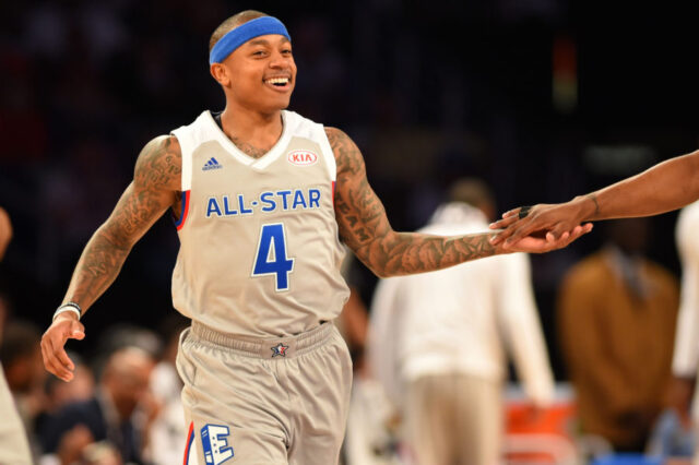 Eastern Conference guard Isaiah Thomas of the Boston Celtics (4) reacts in the 2017 NBA All-Star Game at Smoothie King Center.