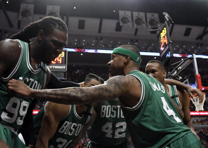 Boston Celtics guard Isaiah Thomas (4) talks with his teammates after forward Jae Crowder (99) was fouled by the Chicago Bulls during the second half in game six of the first round of the 2017 NBA Playoffs at United Center. The Celtics defeated the Bulls.