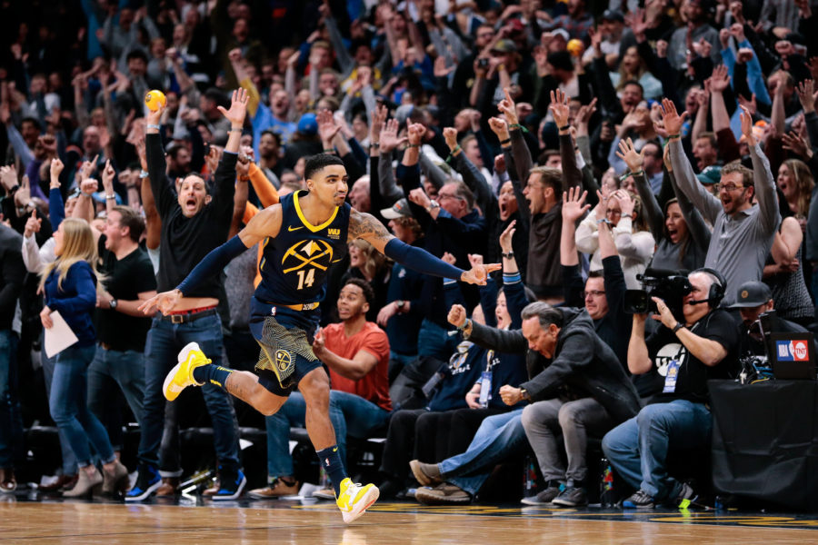 Denver Nuggets guard Gary Harris (14) celebrates after scoring the game winning basket at the end of the fourth quarter against the Oklahoma City Thunder at the Pepsi Center.