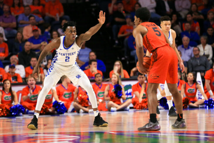 Kentucky Wildcats forward Jarred Vanderbilt (2) guards Florida Gators guard KeVaughn Allen (5) at Exactech Arena at the Stephen C. O'Connell Ce.