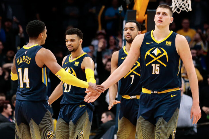 Denver Nuggets guard Gary Harris (14) and guard Jamal Murray (27) and forward Trey Lyles (7) and center Nikola Jokic (15) in the fourth quarter against the Los Angeles Clippers at the Pepsi Center.