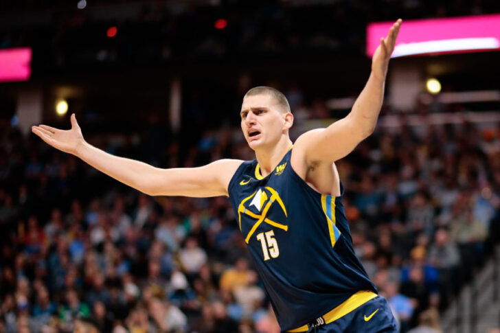 Denver Nuggets center Nikola Jokic (15) reacts after a play in the first quarter against the Minnesota Timberwolves at the Pepsi Center.