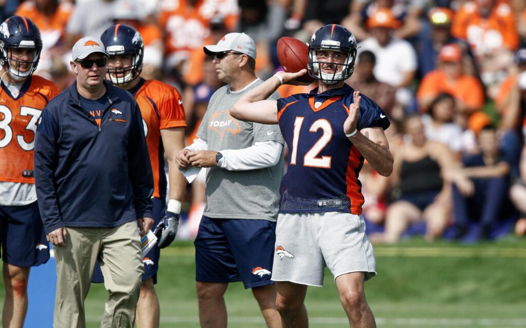 Paxton Lynch throws in training camp on Jul. 28. Credit: Isaiah J. Downing, USA TODAY Sports.