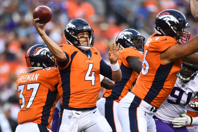 Case Keenum throws off his back foot at high. Credit: Ron Chenoy, USA TODAY Sports.