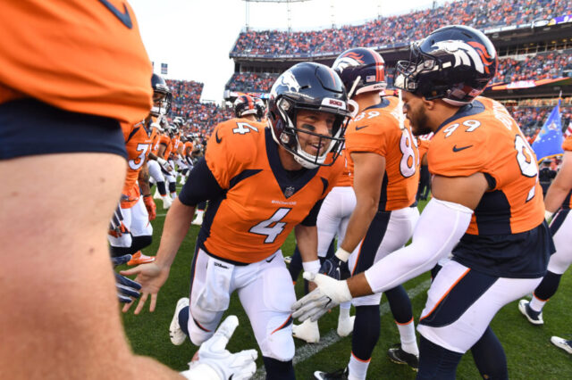 Denver Broncos quarterback Case Keenum (4) before the game against the Minnesota Vikings in the first quarter at Broncos Stadium at Mile High.