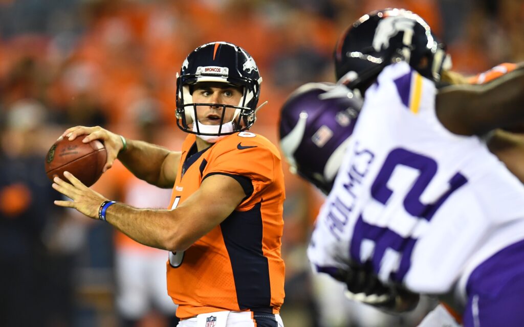 Chad Kelly winds up to throw against the Vikings on Saturday in preseason. Credit: Ron Chenoy, USA TODAY Sports.