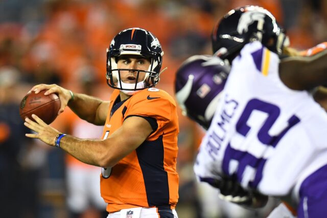 Chad Kelly winds up to throw against the Vikings on Saturday in preseason. Credit: Ron Chenoy, USA TODAY Sports.