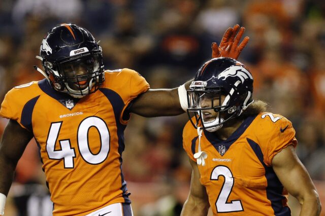 Phillip Lindsay congratulated. Credit: Isaiah J. Downing, USA TODAY Sports.