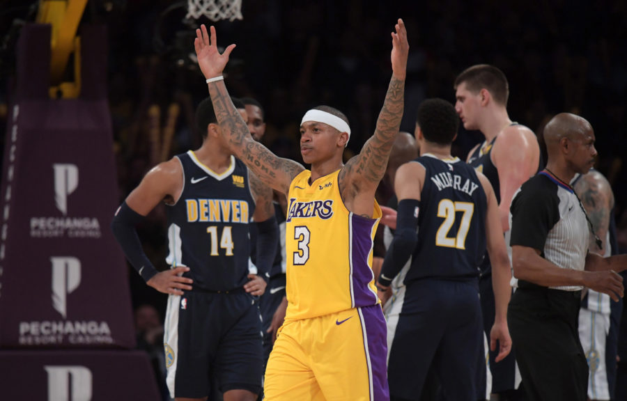 Los Angeles Lakers guard Isaiah Thomas (3) celebrates in the fourth quarter against the Denver Nuggets during an NBA basketball game at Staples Center. The Lakers defeated the Nuggets 112-103.