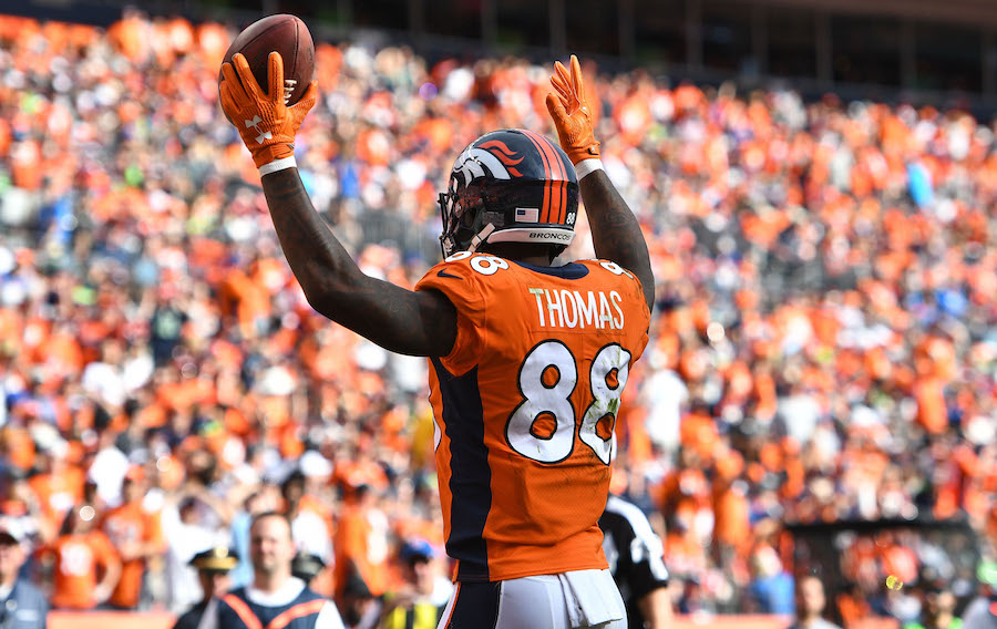 Denver Broncos wide receiver Demaryius Thomas (88) looks for a touchdown call by the officials in the fourth quarter against the Seattle Seahawks at Broncos Stadium at Mile High.