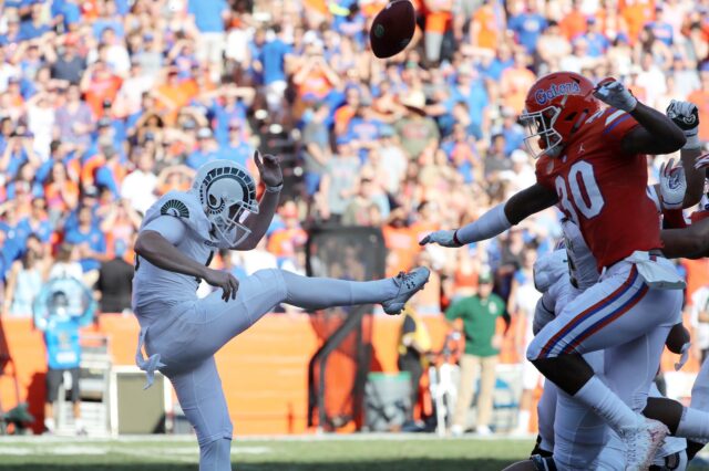 Ryan Stonehouse's punt blocked. Credit: Kim Klement, USA TODAY Sports.