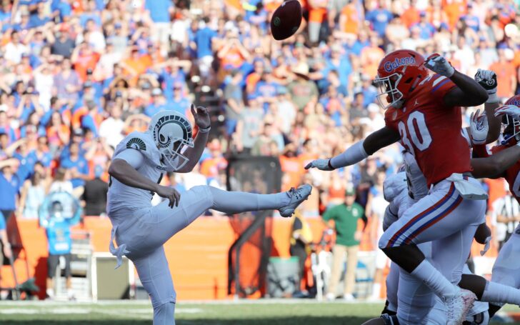 Ryan Stonehouse's punt blocked. Credit: Kim Klement, USA TODAY Sports.