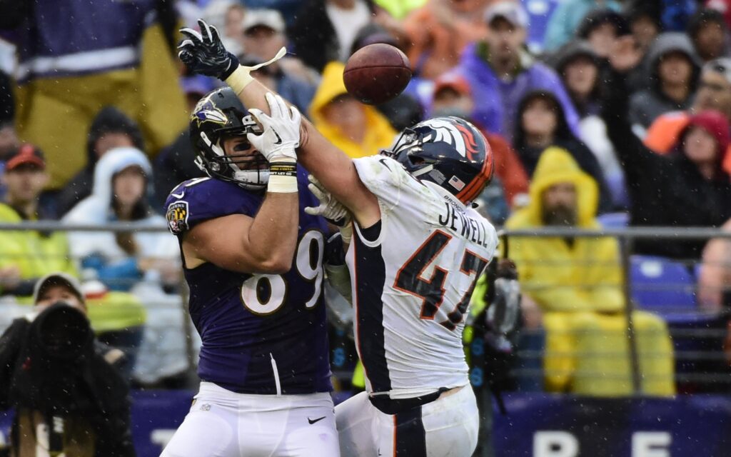 Josey Jewell defends his one pass of the year to this point. Credit: Tommy Gilligan, USA TODAY Sports.