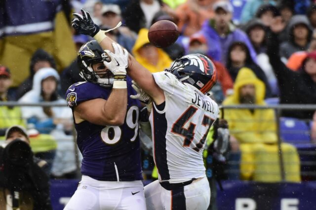 Josey Jewell defends his one pass of the year to this point. Credit: Tommy Gilligan, USA TODAY Sports.