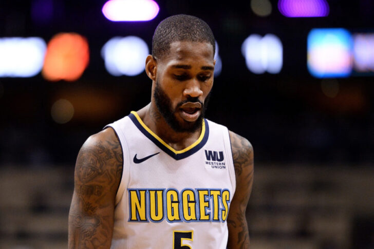 Denver Nuggets guard Will Barton (5) reacts on the court against the Phoenix Suns in the first half at Talking Stick Resort Arena.