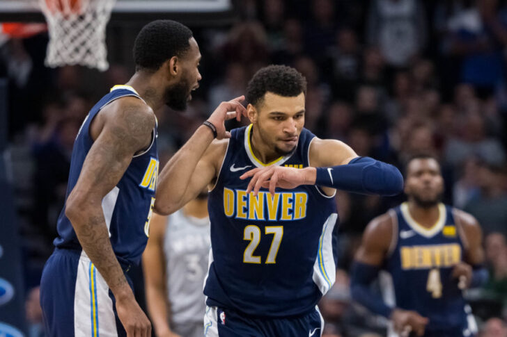 Denver Nuggets guard Jamal Murray (27) celebrates his basket in the fourth quarter against Minnesota Timberwolves at Target Center.