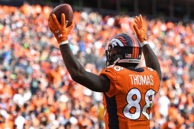 Demaryius Thomas celebrates a touchdown for the Broncos. Credit: Ron Chenoy, USA TODAY Sports.