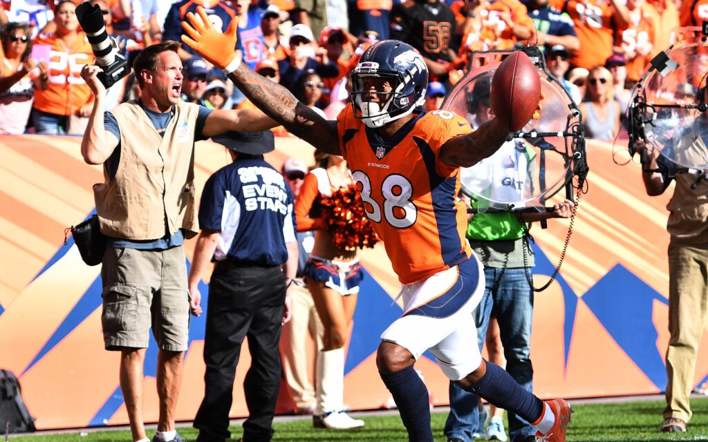 Demaryius Thomas celebrates a TD. Credit: Ron Chenoy, USA TODAY Sports.