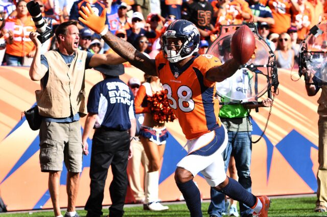 Demaryius Thomas celebrates a TD. Credit: Ron Chenoy, USA TODAY Sports.