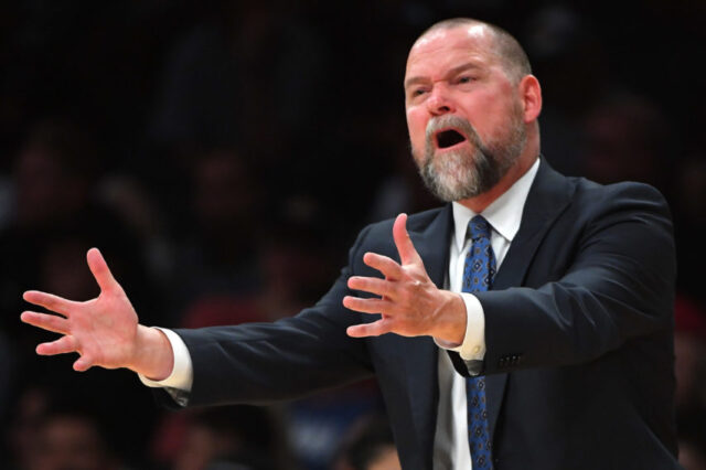 Denver Nuggets head coachMIchael Malone reacts on the sidelines in the first half of the game against the Los Angeles Lakers at Staples Center.