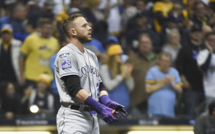 Trevor Story after a strikeout. Credit: Benny Sieu, USA TODAY Sports.