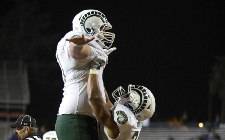 Colby Meeks lifted by Izzy Matthews. Credit: D. Ross Cameron, USA TODAY Sports.