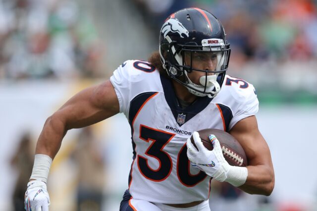 Phillip Lindsay runs. Credit: Brad Penner, USA TODAY Sports.