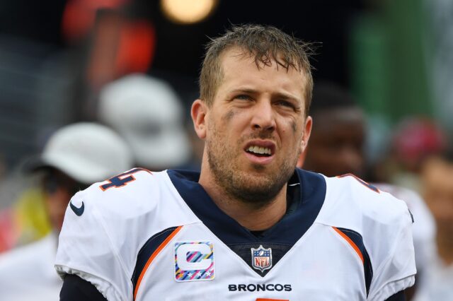 Case Keenum near the end of the New York Jets game. Credit: Robert Deutsch, USA TODAY Sports.