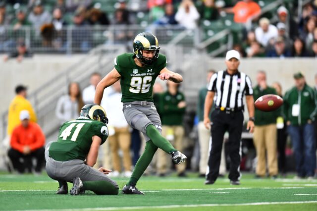 Wyatt Bryan kicks the game-winner. Credit: Ron Chenoy, USA TODAY Sports.