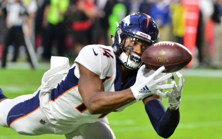 Courtland Sutton catches a TD from Emmanuel Sanders. Credit: Mark Kartozian, USA TODAY Sports.