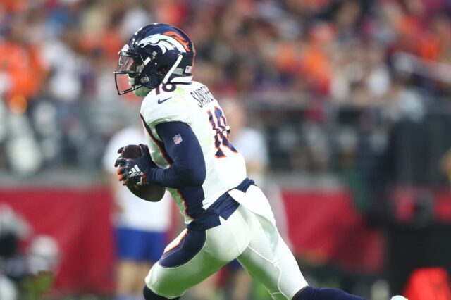 Emmanuel Sanders on his throwing touchdown on Thursday Night Football. Credit: Mark J. Rebilas, USA TODAY Sports.