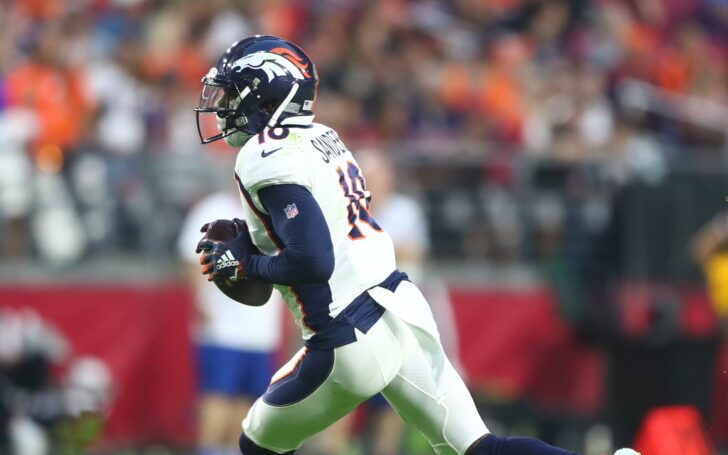 Emmanuel Sanders on his throwing touchdown on Thursday Night Football. Credit: Mark J. Rebilas, USA TODAY Sports.