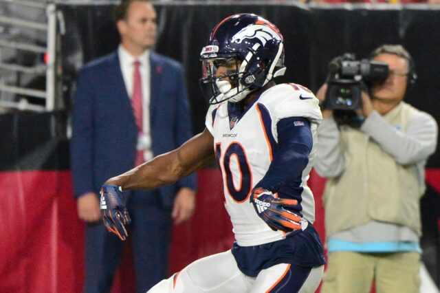 Emmanuel Sanders dances after a touchdown. Credit: Matt Kartozian, USA TODAY Sports.