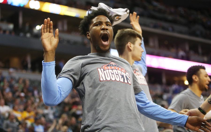 Denver Nuggets guard Malik Beasley (25) reacts from the bench during the second half against the Detroit Pistons at Pepsi Center. The Pistons won 106-95.