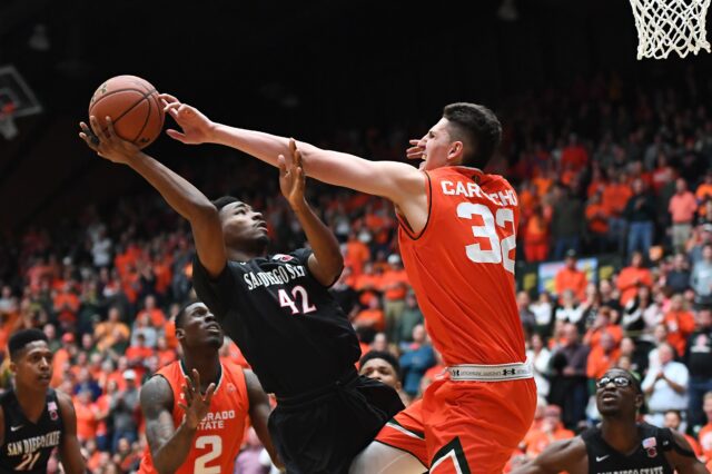 Nico Carvacho's length, shown here with the block, is huge for Colorado State, who usually lacks a true big man. Credit: Ron Chenoy, USA TODAY Sports.