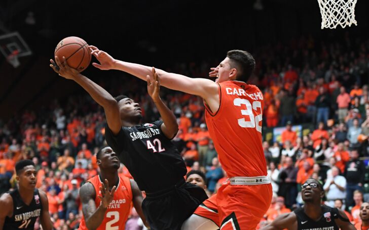 Nico Carvacho's length, shown here with the block, is huge for Colorado State, who usually lacks a true big man. Credit: Ron Chenoy, USA TODAY Sports.